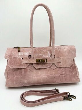 Blush Pink Croc-Embossed Leather Tote Bag
